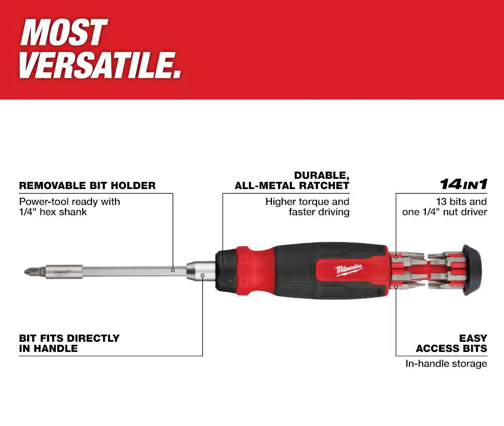 Milwaukee 14-In-1 Ratcheting Multi-Bit Screwdriver (48-22-2903)