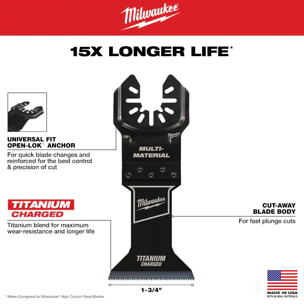 Milwaukee 1-3/4" Titanium Bi-Metal Universal Fit Metal Cutting Multi-Tool Oscillating Blade 3-Pack (49-25-1263)