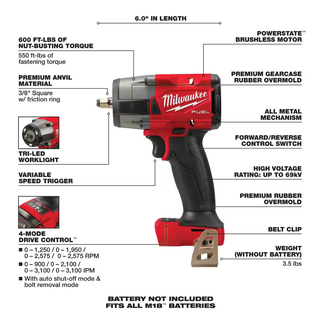 Milwaukee M18 FUEL GEN-2 18V Lithium-Ion Mid Torque 3/8" Impact Wrench 2960-20 (TOOL ONLY)