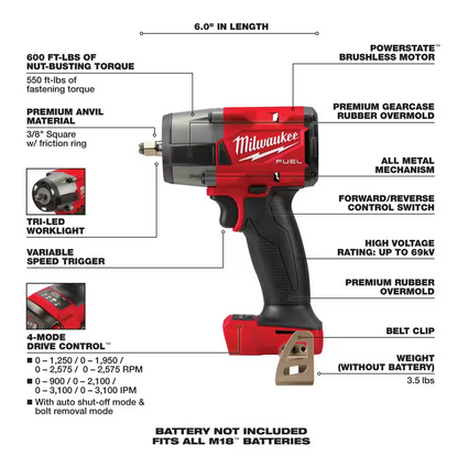 Milwaukee M18 FUEL GEN-2 18V Lithium-Ion Mid Torque 3/8" Impact Wrench 2960-20 (TOOL ONLY)