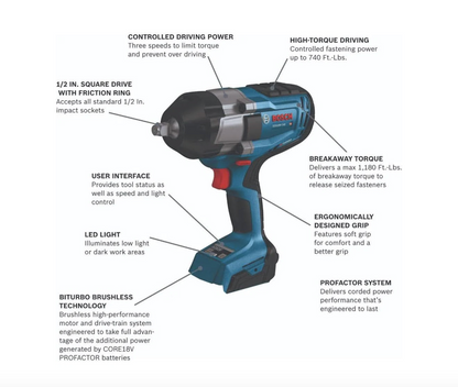 Bosch 4-Amp 18-volt Variable Brushless 1/2-in square Drive Cordless Impact Wrench GDS18V-740N (TOOL ONLY)