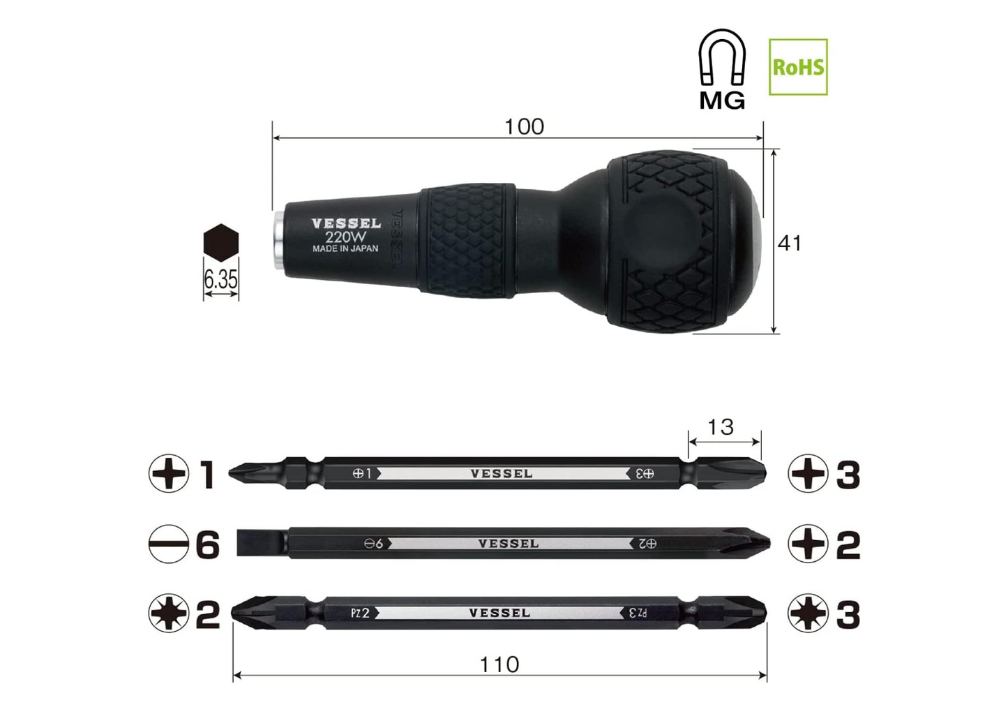 VESSEL BALL GRIP 1/4" Hexagonal Bit Interchangeable Screwdriver and Bits 3pcs Set (#220W-3)