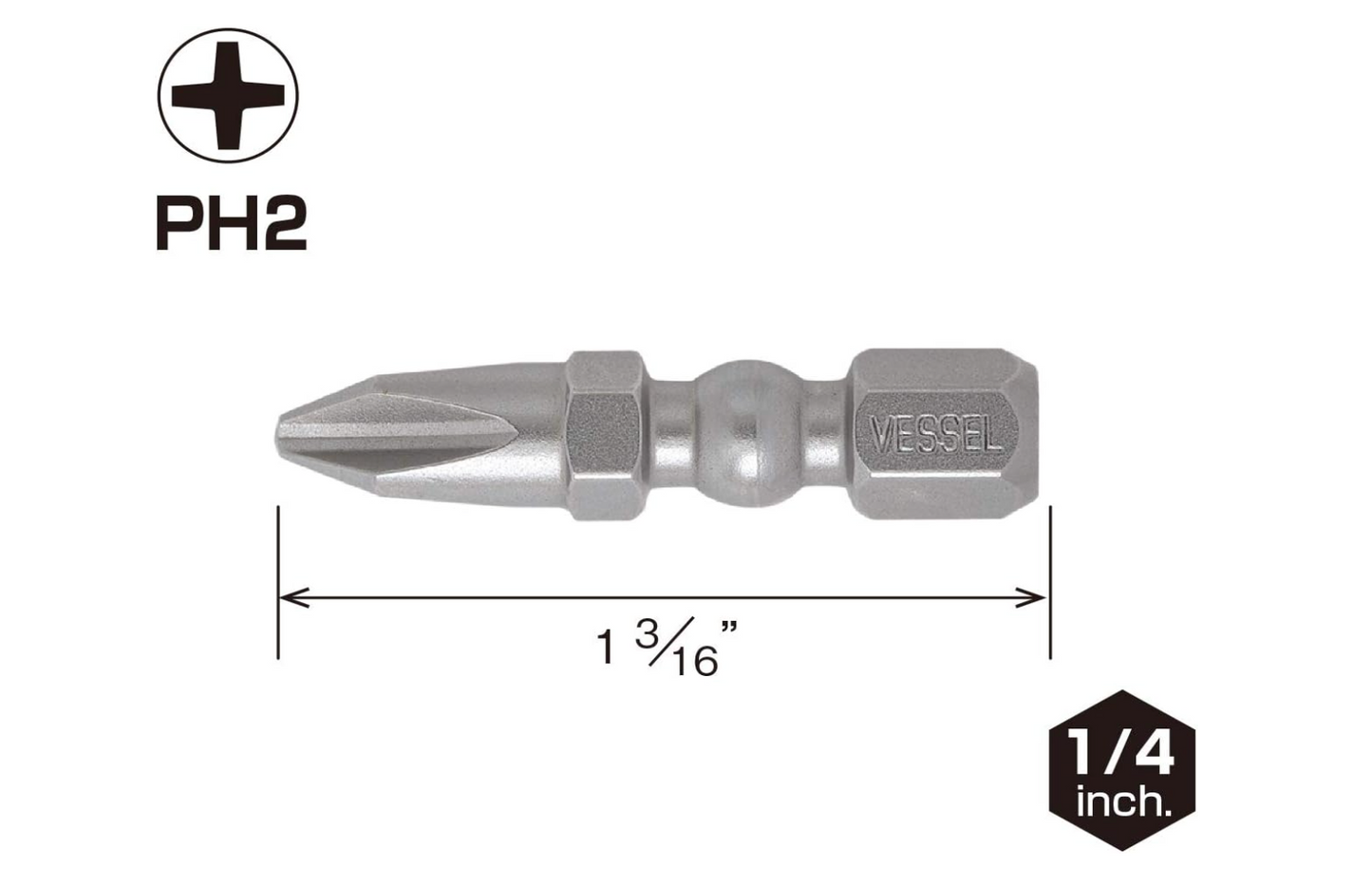 VESSEL IMPACT BALL Torsion Bits PH2 x 30mm, 2pcs (#IBPH230P2)