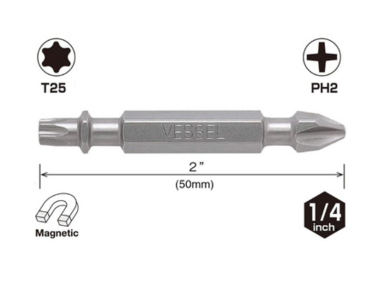 VESSEL Neck Torsion Double-Ended Power Bit PH2, T25x50mm, 2pcs (#DEPH2TX2550P2)