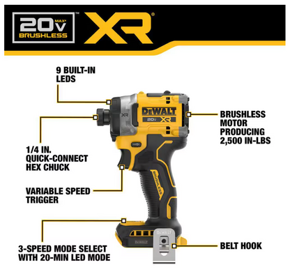 DEWALT DCF860B 20V MAX XR Impact Driver (TOOL ONLY) - Highest Torque and Pro-Level Control