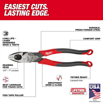 9" Comfort Grip High Leverage Lineman's Pliers with Crimper MT550