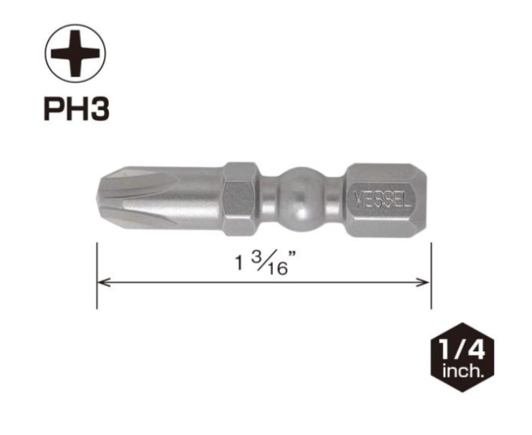 VESSEL 1/4" Drive Phillips #3 Impact Ball Torsion Bits 2pcs (#IBPH330P2)