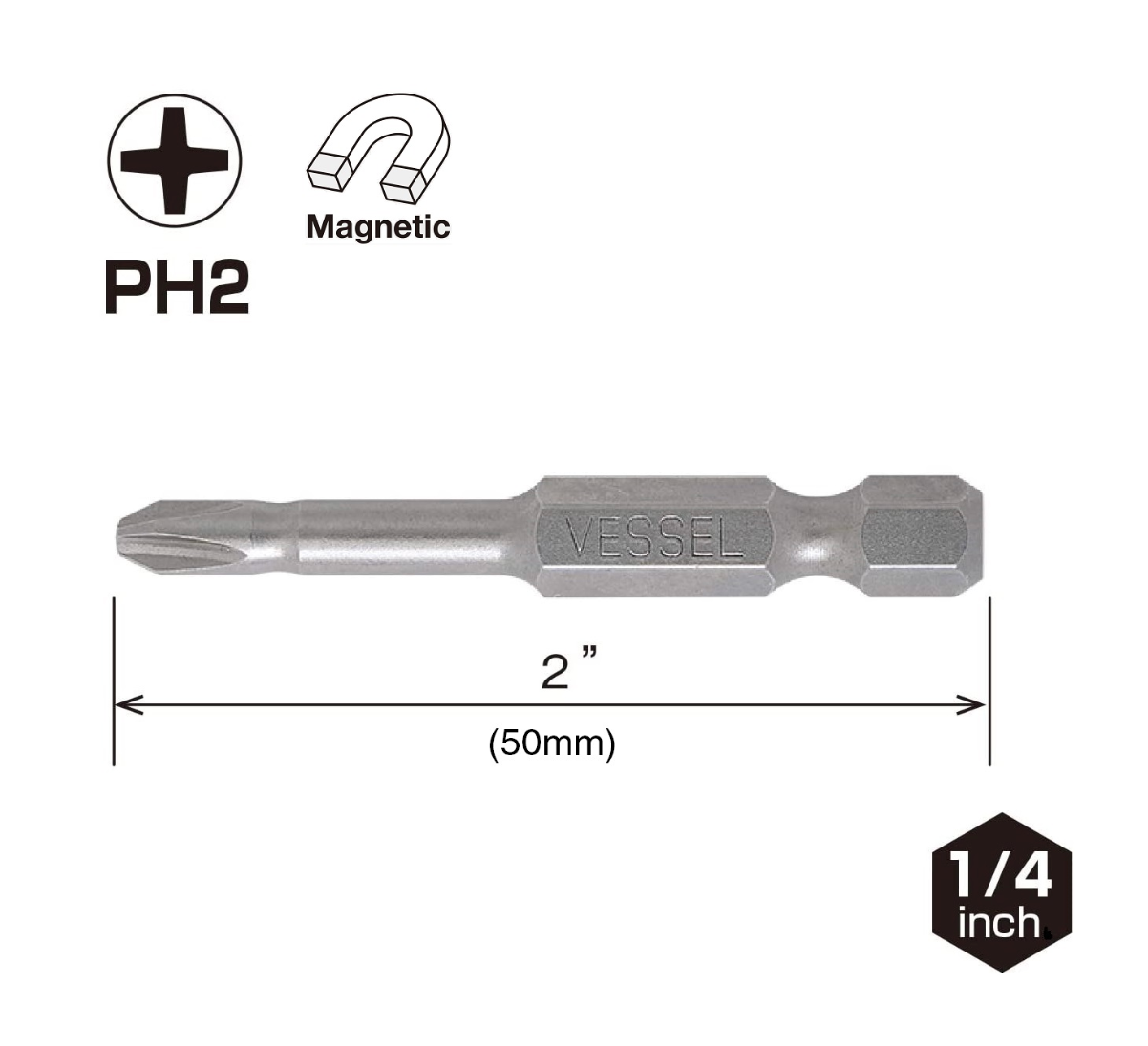 VESSEL NECK TORSION Power Bits w/ Magnetic Enhancer +2x50 (2") 10PC Set (#MGEPH250P10T)